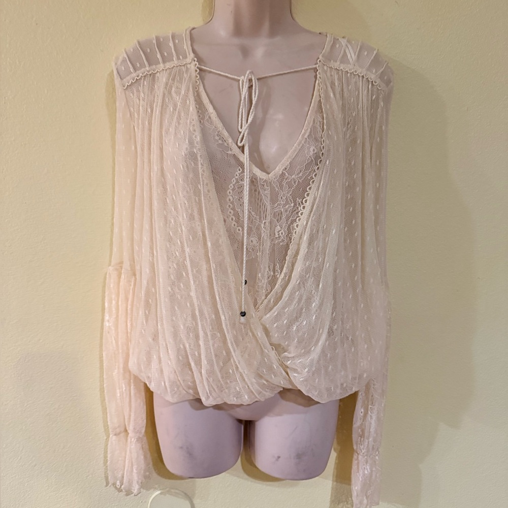 Free People Cream Sheer Lace Blouse boho cottage core coquette girl size small